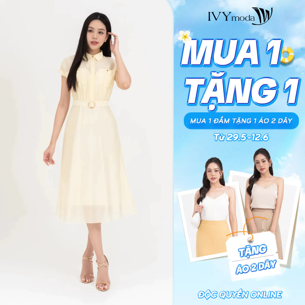 Đầm lụa dáng xòe phối đai nữ IVY moda MS 48M8275