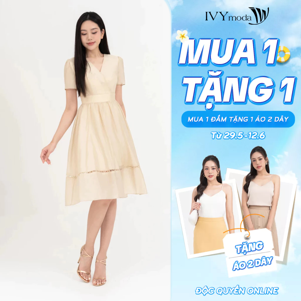 Đầm lụa xòe cổ V nữ IVY moda MS 48M6598
