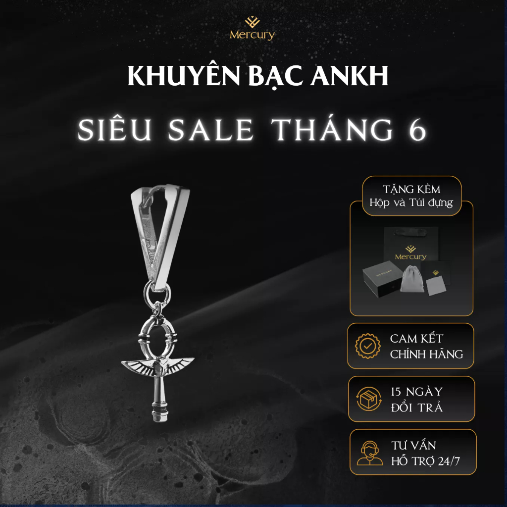 Khuyên tai Bạc nam, nữ 925 Mercury Ankh -Trang sức Bạc 925 - Thiết kế họa tiết thần thoại Ai Cập