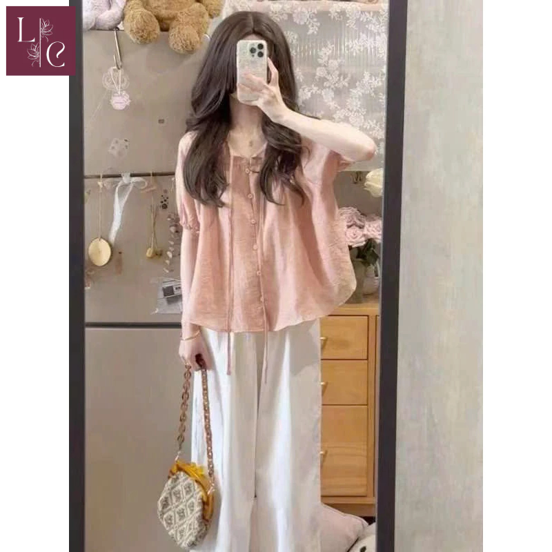Áo sơ mi hồng đào Lena phối thắt nơ, Áo sơ mi tay bồng kiểu điệu Hàn Quốc S20