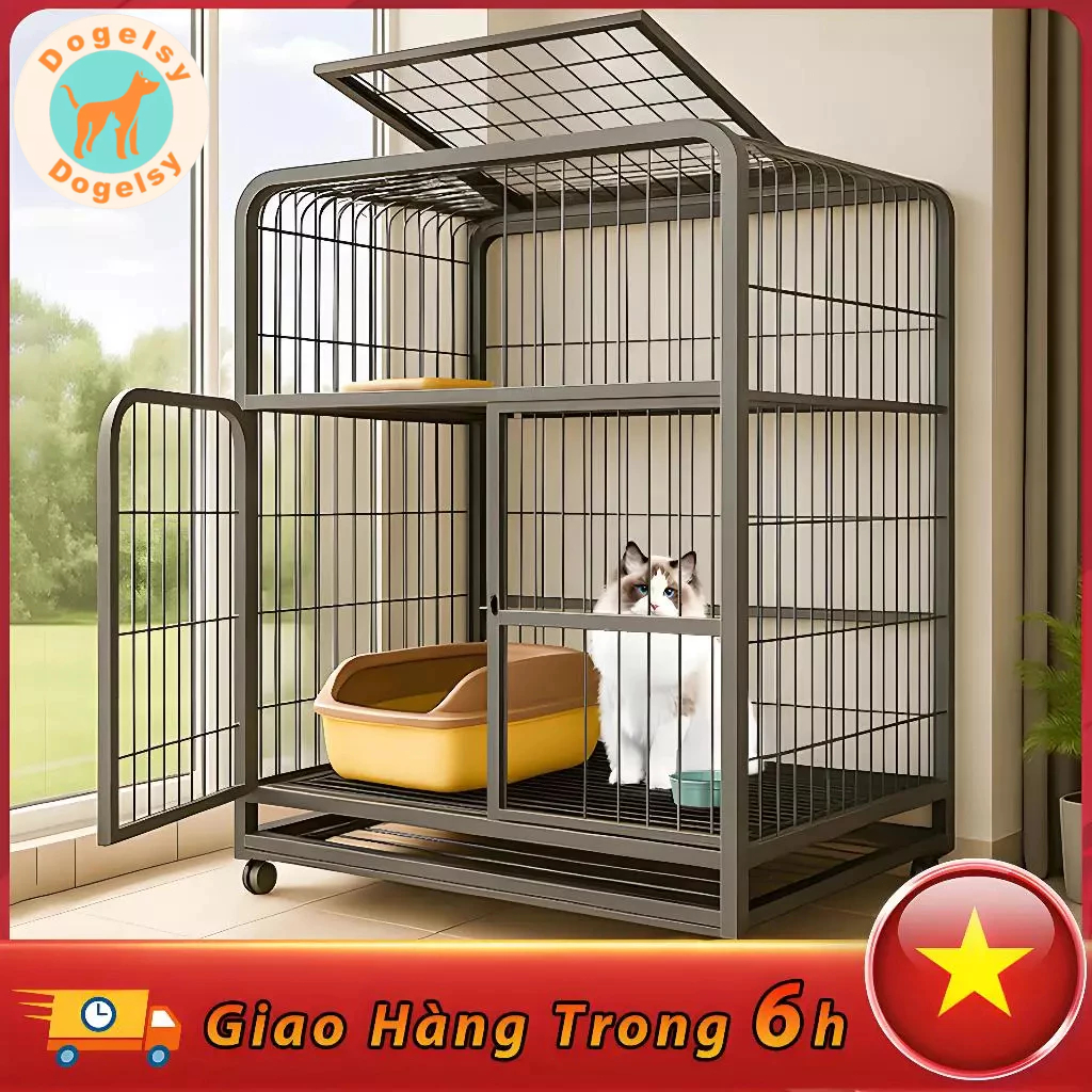 😺Dogelsy🐕Chuồng Mèo 2/3/4 Tầng Lồng Mèo Loại Nan Ống To Chuồng chó Mèo Có Bánh Tặng Khay Vệ Sinh