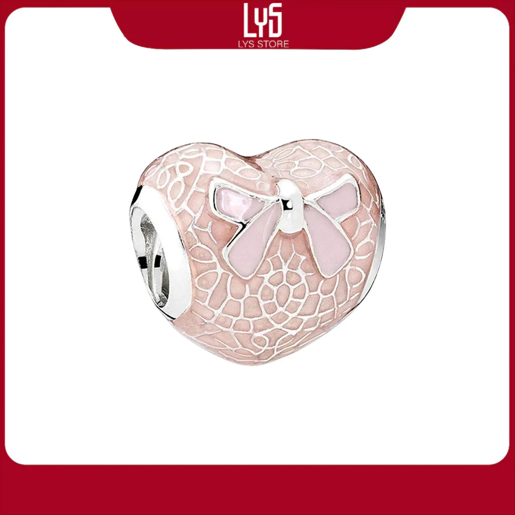 Charm Bạc Lys Trái tim nơ hồng Pink Bow Lace Heart 1239 - Charm Bạc S925 cao cấp