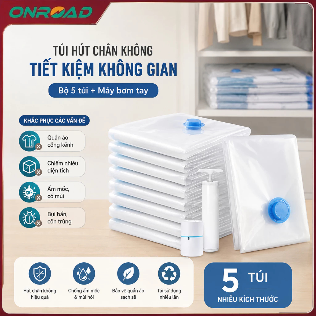 Set 5 Túi Hút Chân Không Quần Áo Chăn Màn Tặng Kèm Bơm Tiết Kiệm Diện Tích Tủ Đồ Vali Du Lịch Cao Cấp ONROAD