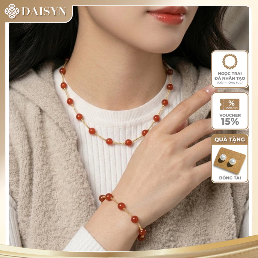 [N1106] Dây Chuyền, Vòng Cổ, Vòng Tay Phối Đỏ Vàng, Ngọc Trai Đá Nhân Tạo, Sang Trọng, Phù Hợp Cho N