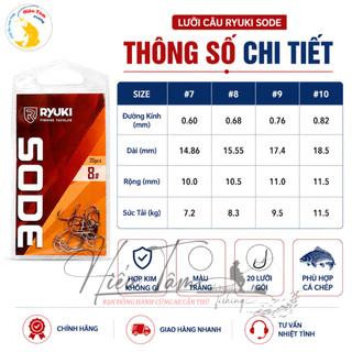 Lưỡi Câu Cá Ryuki Sode Không Ngạnh Thép Trắng Thân Dài Dáng Vuông Nhẹ Cứng ( vỉ 20c)