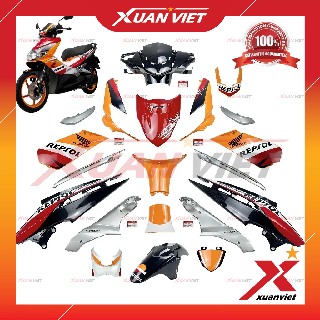 [MÓN LẺ] Dàn áo Air Blade 110 bản Fi Repsol đời 2009 màu Trắng Đỏ Cam, Dàn nhựa màu AB 110 Fi Phun x