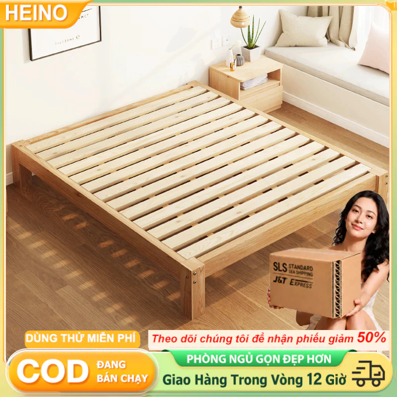 HEINO Giường Ngủ Pallet Gỗ Tự Nhiên Đủ Kích Thước Chất Lượng Cao Loại Chân Cao - Bảo Hành 12 Tháng