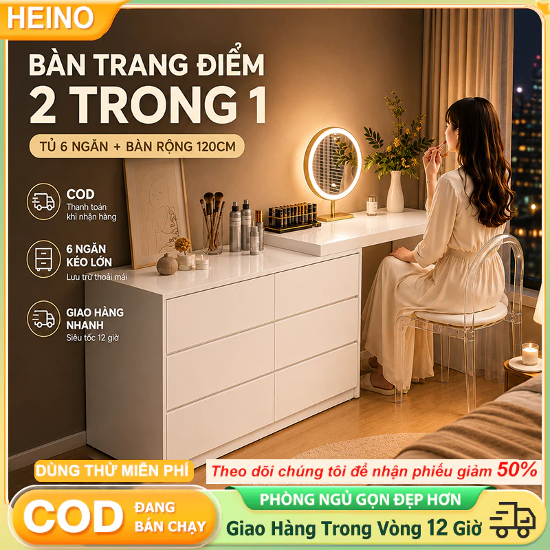 Bàn Trang Điểm 2 Trong 1 HEINO, Tủ 6 Ngăn Kéo + Bàn Rộng 120cm Có Ngăn Để Đồ Thiết Kế Hiện Đại