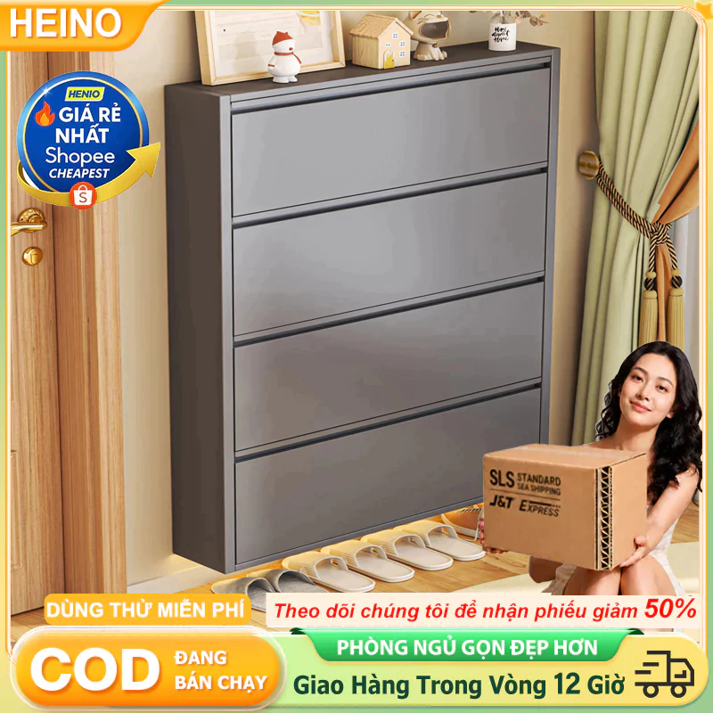 HENIO tủ giày siêu mỏng nắp gập bằng thép 2/3/4 tầng màu trắng xám tiết kiệm diện tích hành lang