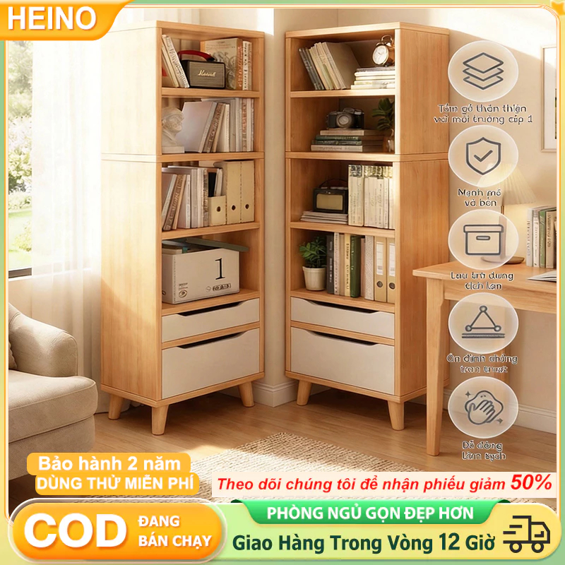 Kệ Sách Gỗ Tự Nhiên Đa Tầng Có Ngăn Kéo Gỗ Sồi Nguyên Tấm Dày120mm Thiết Kế Hẹp Tiết Kiệm Không Gian