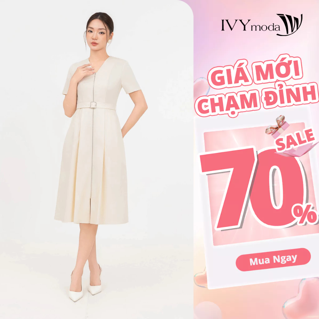 Đầm Tuysi cổ V kèm đai nữ IVY moda MS 48M8890