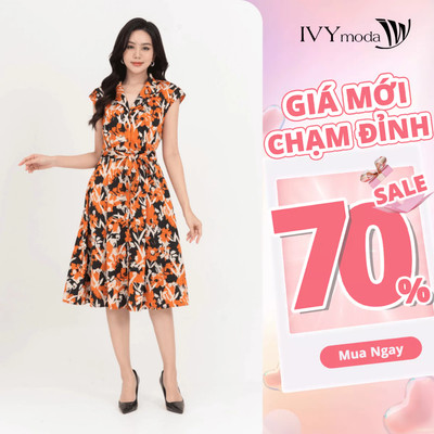 Đầm xòe nữ tay liền họa tiết IVY moda MS 48B9755