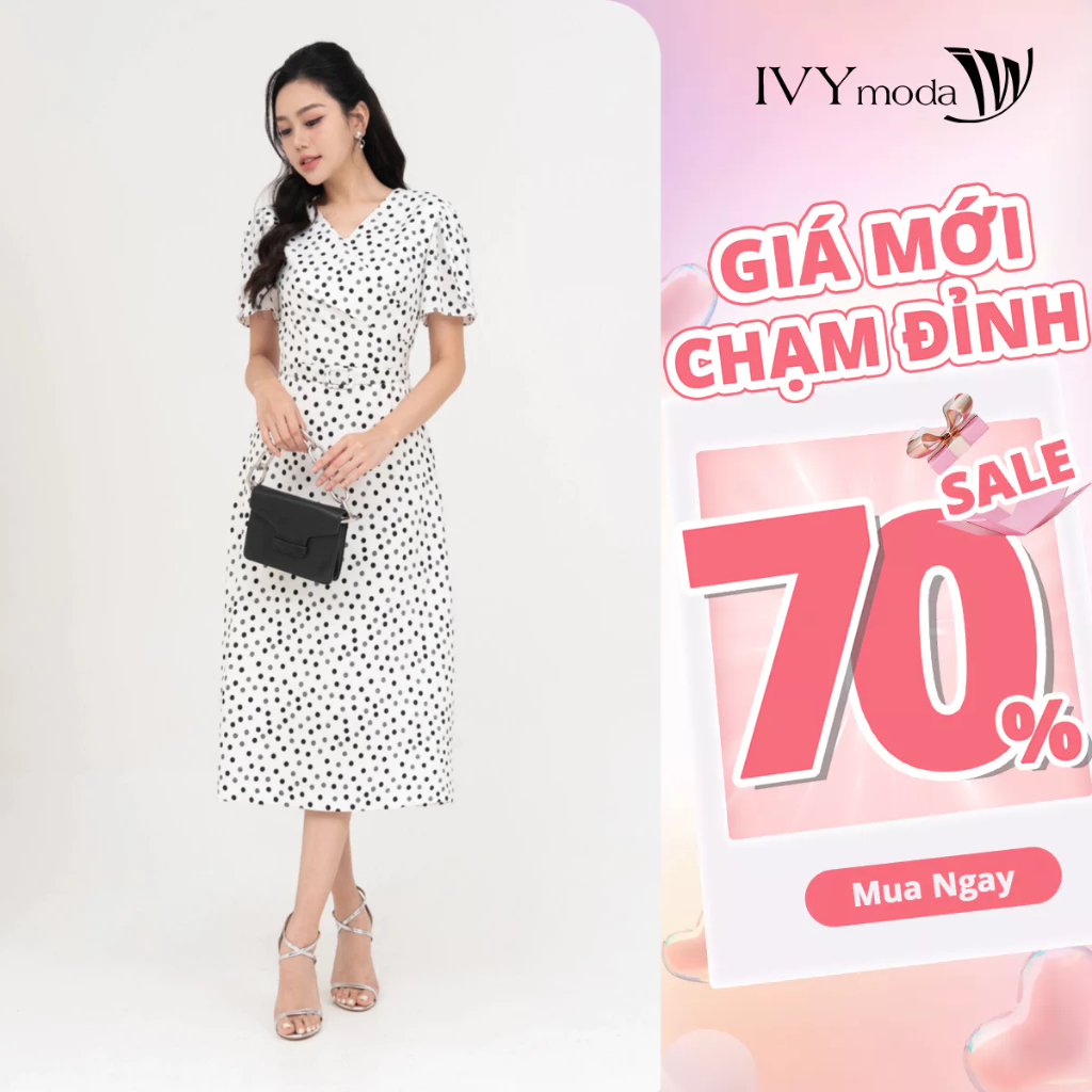 Đầm cổ V chấm bi nữ IVY moda MS 48M8771