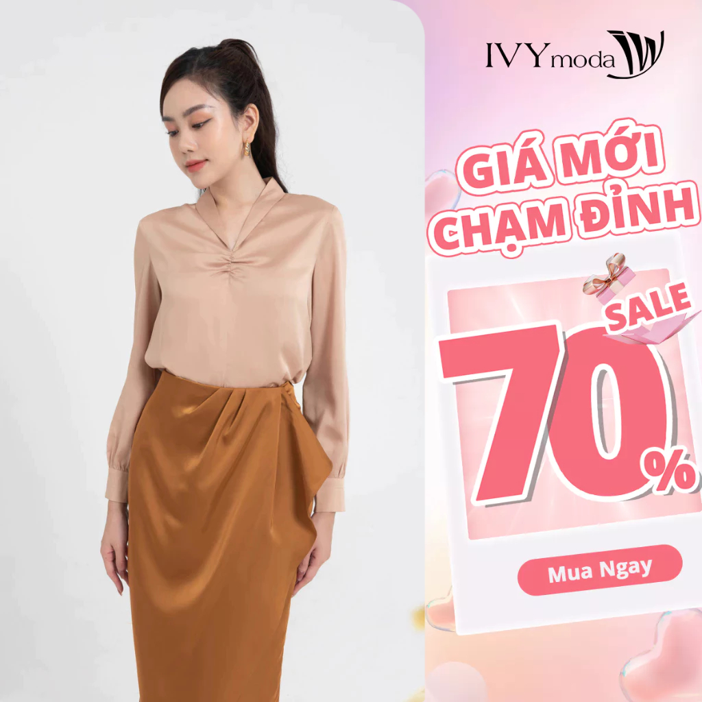 Áo lụa cổ V nữ may nhúm ngực IVY moda MS 17M8063