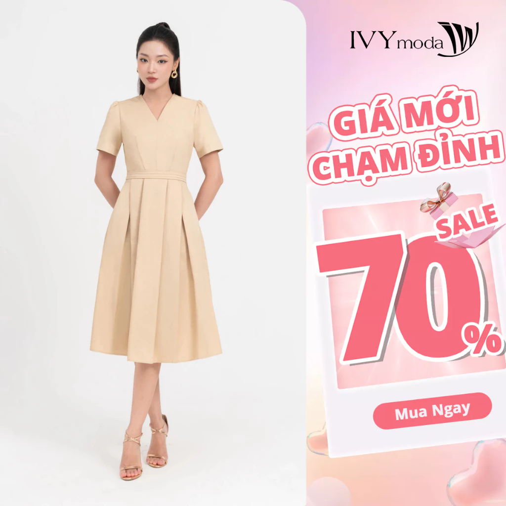 Đầm xòe Raw cloth cổ V nữ IVY moda MS 48B9813