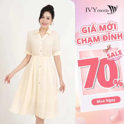 Đầm lụa cổ đức dáng xòe nữ IVY moda MS 48M8682