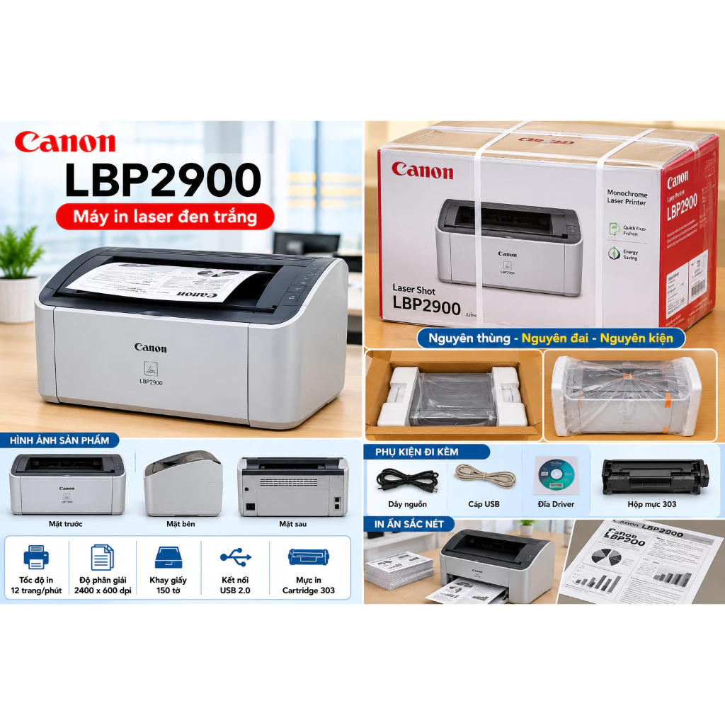 Máy In Canon LBP2900 Chính Hãng In Laser Đen Trắng - Mới 100%