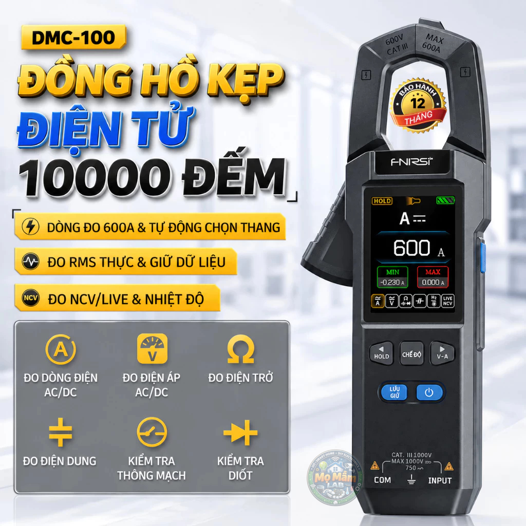 Đồng hồ ampe kìm đa năng 600A FNIRSI DMC-100 màn hình màu, đo AC/DC, NCV, chính hãng, BH 12 tháng