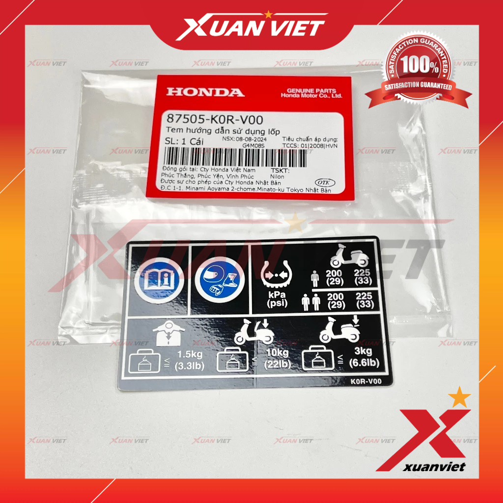 Tem thông số SH 160i, SH 125i/150i, Tem hướng dẫn sử dụng lốp SH 2020 2021 2022 2023 2024 2025 chính