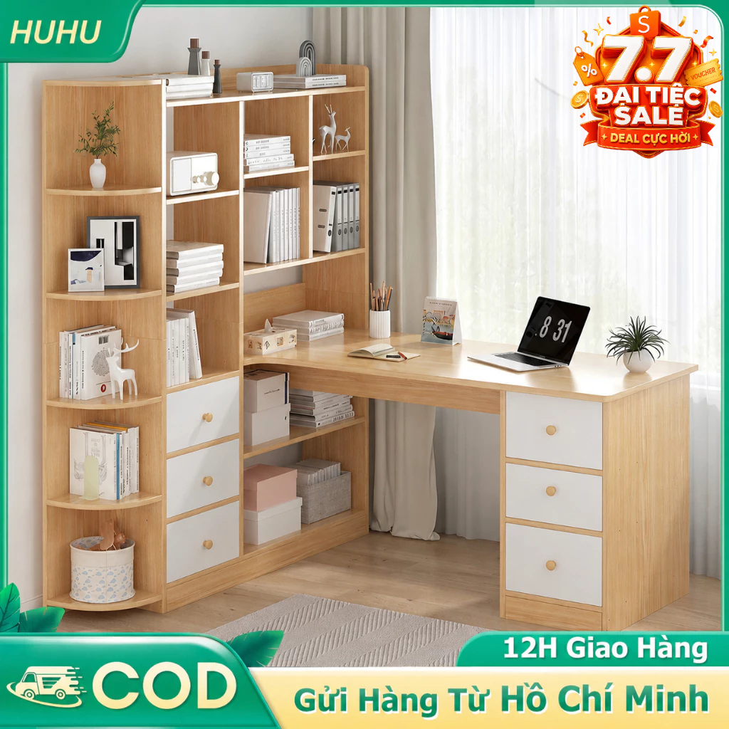HUHU Bàn vi tính văn phòng kèm kệ sách gỗ có hộc+ hộc làm việc cao cấp hiện đại