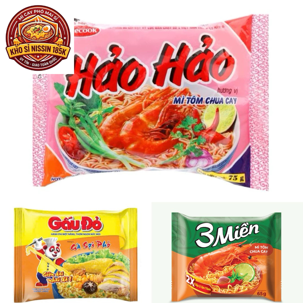 thùng 30 gói mì mix 3 loại mì (hảo hảo + ba miền+gấu đỏ sợi phở )