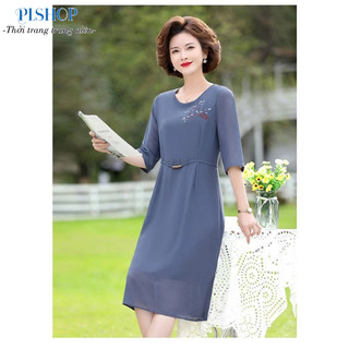Đầm trung niên nữ sang trọng thanh lịch. Mẫu Đầm Dáng Suông In Hoa Xẻ Tà  Cho Mẹ Đi Tiệc THoải Mái.