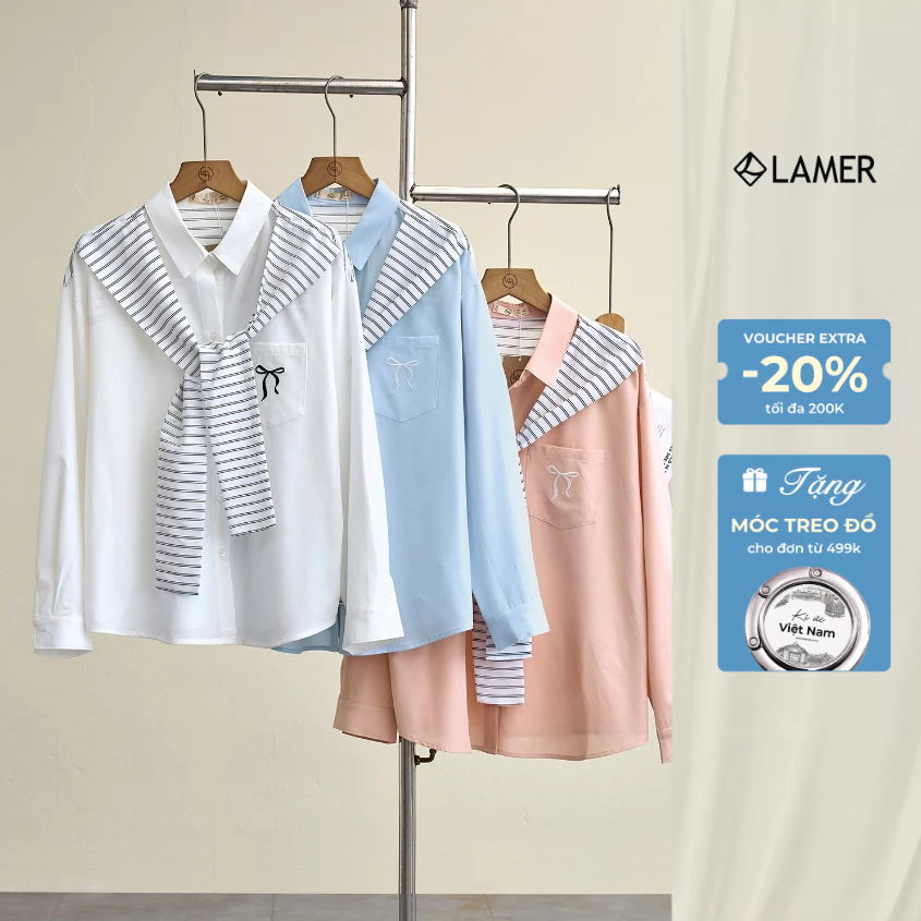 Áo Sơ Mi Nữ LAMER FASHION Công Sở Freesize Vai Chờm Phối Khăn Liền Thêu Nơ H61H26H002
