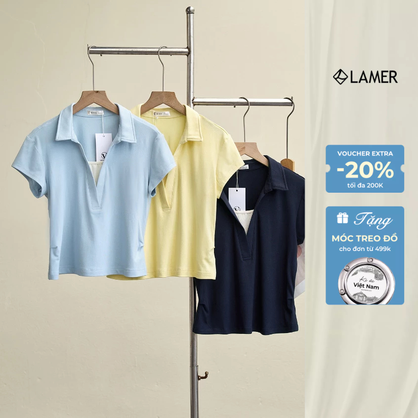 Áo Thun Nữ LAMER FASHION Cộc Tay Cotton Hè Cổ Bẻ Ôm Eo Công Sở O61B26H028