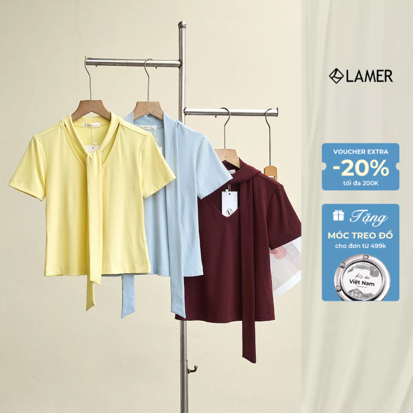 Áo Thun Nữ LAMER FASHION Cộc Tay Cotton Hè Phối Khăn Liền Cổ Công Sở O61B26H026