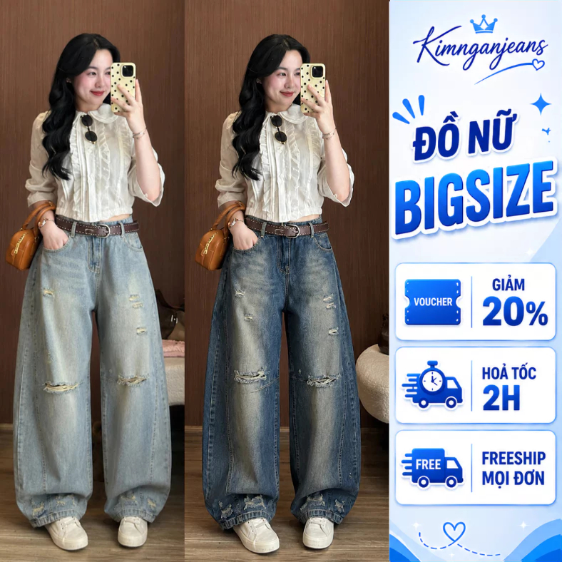Quần Jeans Ống Cong Bigsize 55-90kg Premium Form Rộng Màu Wash Retro Cá Tính Đi Học Đi Chơi MS625