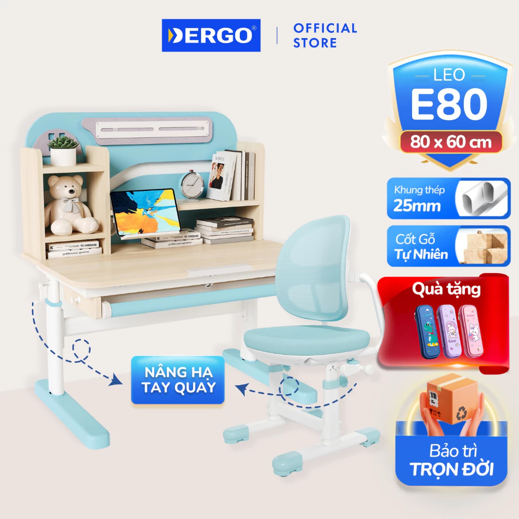 [MỚI + VOUCHER 400K] Bộ Bàn Học Cho Bé DERGO LEO E80 Bàn Học Thông Minh Chống Gù Chống Cận Phù Hợp Bé 3-11 Tuổi