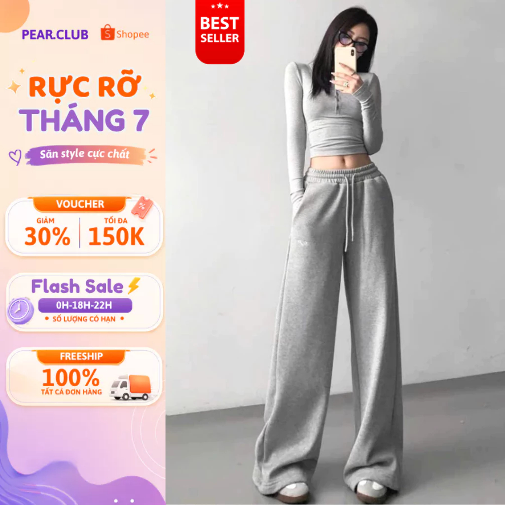 Quần Nỉ Ống Rộng Pear.club, Quần nữ dài dáng suông BIGSIZE form rộng dài thể thao cá tính nhảy dance mùa hè đi biển Q86