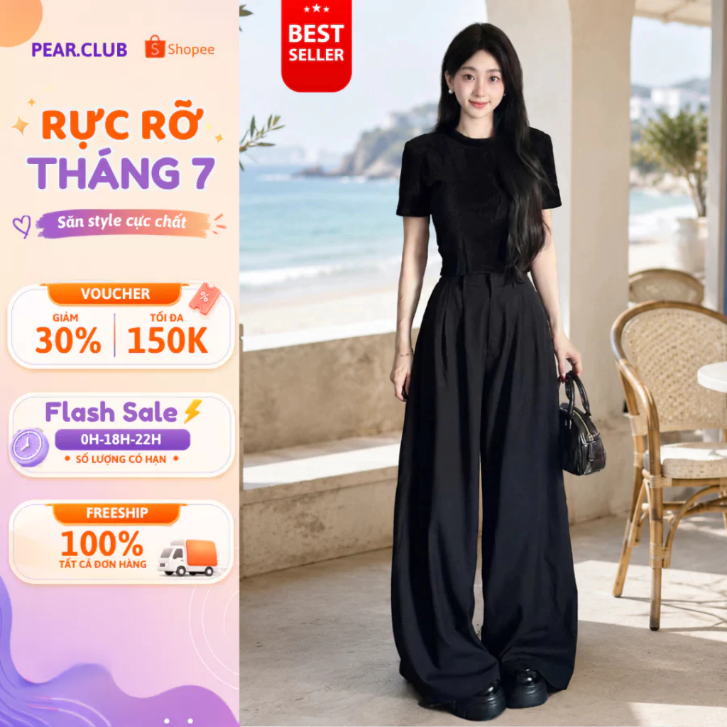 Quần ống rộng nữ LINA quần nữ cạp cao ống suông dài 105cm chất cotton cao cấp thoải mái đi biển, đi chơi - T10