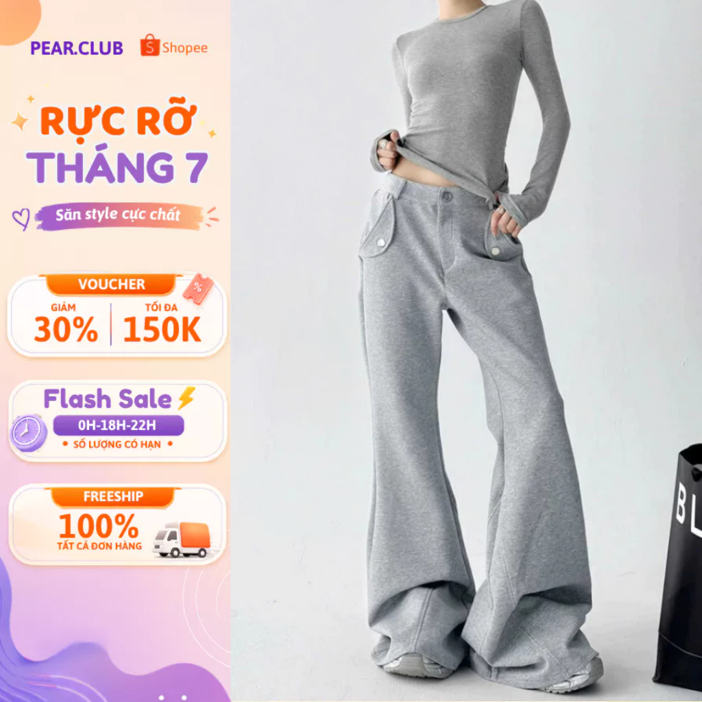 Quần loe ống rộng PEAR.CLUB, quần ống loe cài cúc BIGSIZE cá tính, mặc mùa hè đi biển đi chơi màu gh