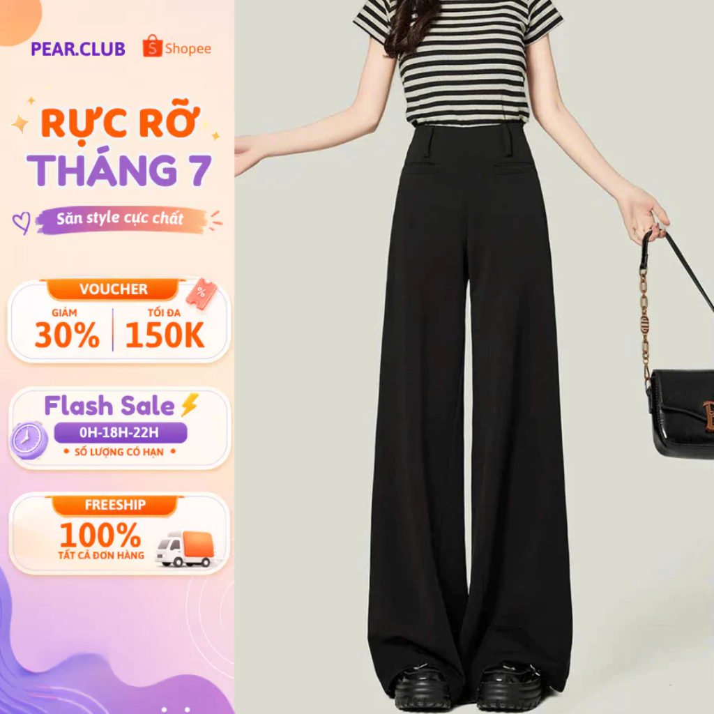 Quần Vải Ống Rộng Cạp Cao PEAR.CLUB, Quần Tây Suông Đứng Phong Cách Hàn Quốc Học Sinh Đi Học Đi Làm Q15