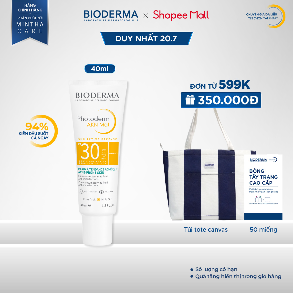Chống nắng dành cho da mụn Bioderma Photoderm Akn Mat Spf30 - 40ml