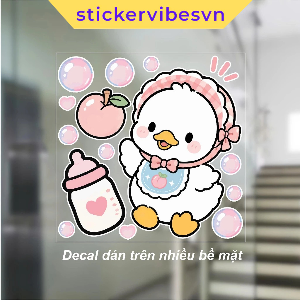 Decal Sticker, Kawaii Baby Duck & Peach & Feeding Bottle dễ thương, decor kính, phòng cho bé , cửa k