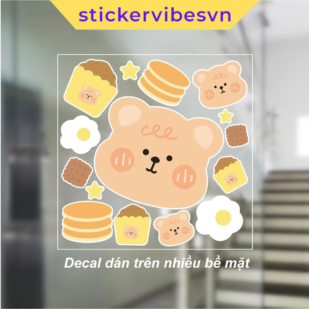 Decal Sticker, Kawaii Cute Bear Bakery - Pancake, Cupcake dễ thương, decor kính, phòng cho bé, cửa h