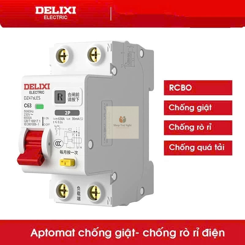 Aptomat RCBO 2P Delixi DZ47sLES chống giật, chống rò rỉ, chống quá tải