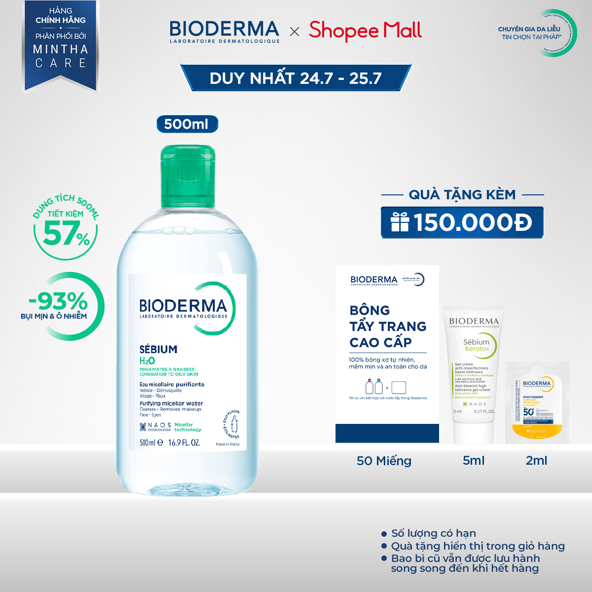 Dung dịch làm sạch và tẩy trang công nghệ Micellar cho da hỗn hợp, da dầu, và da mụn Bioderma Sebium