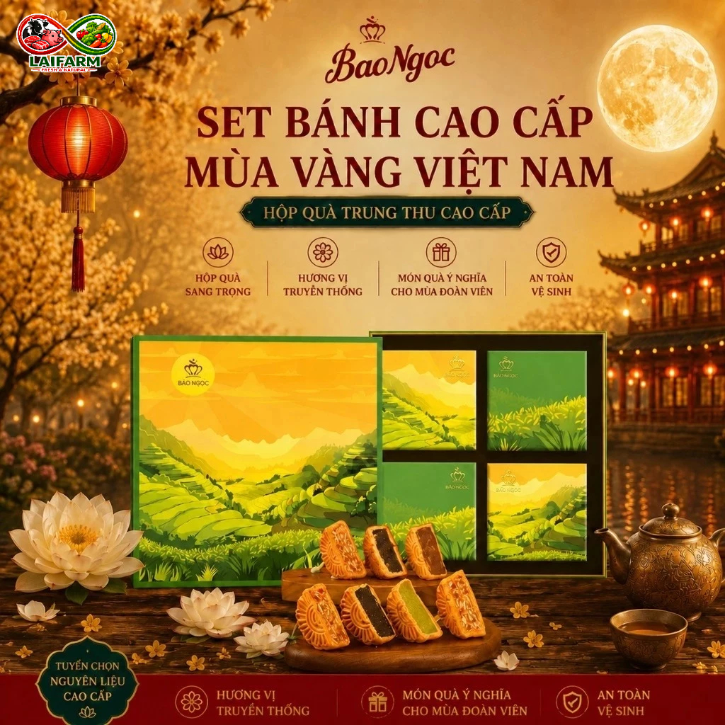 [Laifarm][Hỏa tốc HN] [80g/bánh] Hộp 4 Bánh Trung Thu Bảo Ngọc Cao Cấp "Mùa Vàng Việt Nam" (80g/Bánh
