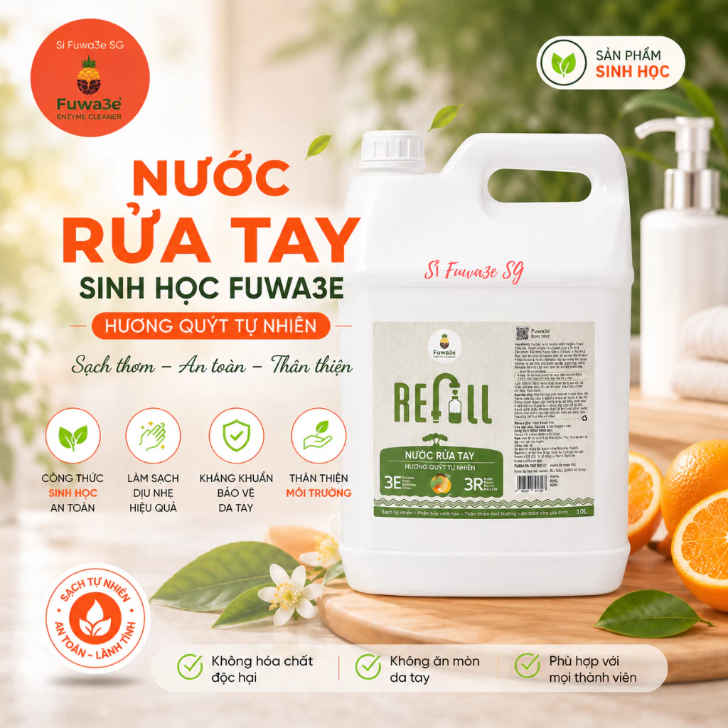 [HỎA TỐC - HCM] NƯỚC RỬA TAY FUWA3E CAN REFILL 10L TIẾT KIỆM HƯƠNG QUÝT - [SỈ FUWA3E SG]