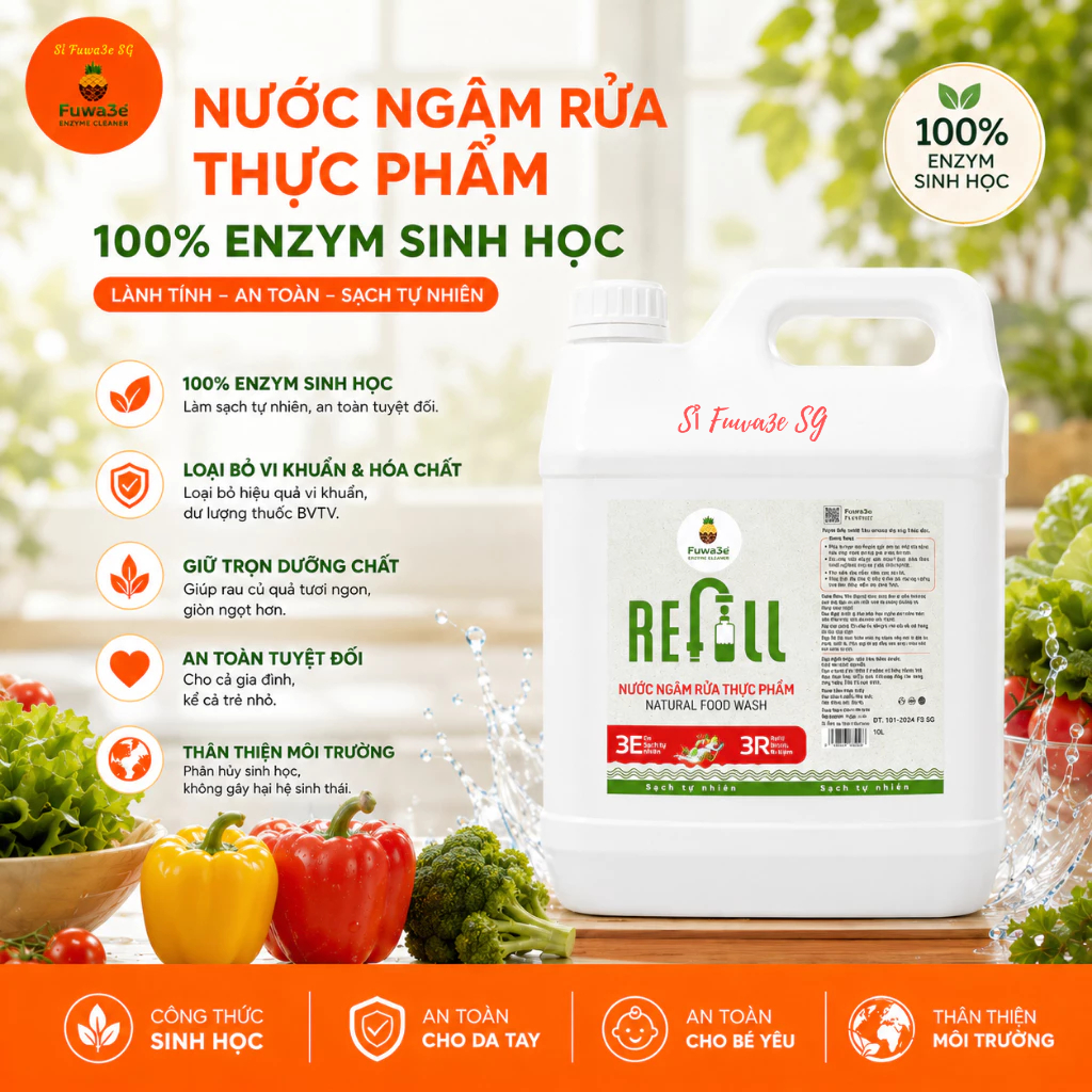 [HỎA TỐC - HCM] NƯỚC NGÂM RỬA THỰC PHẨM FUWA3E CAN REFILL 10 LÍT [SỈ FUWA3E SG]