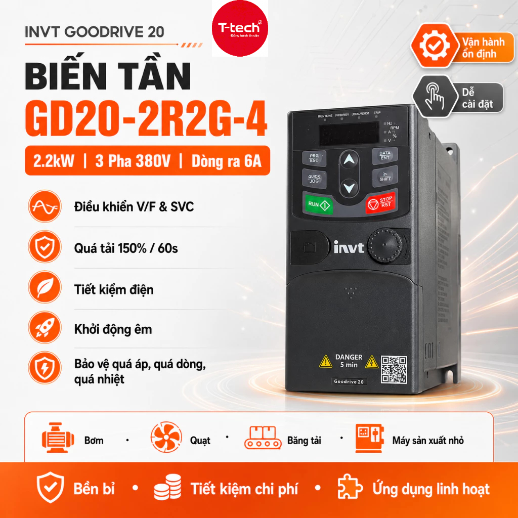 Biến tần GD20-0R7G-S2-BK, 0.75 đến 4 kW, Vào 1 Pha 220VAC, Ra 3 Pha 220VAC