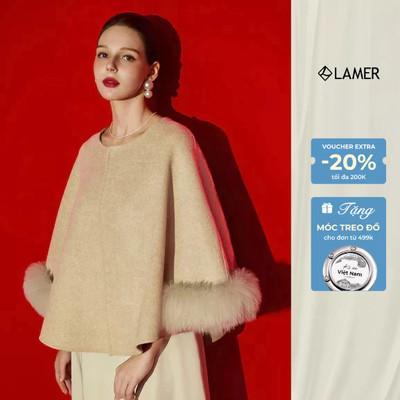 Áo Khoác Dạ Dáng Choàng Cánh Dơi Khâu Tay Thủ Công, Phối Lông SHE"S BACK S65W25T020