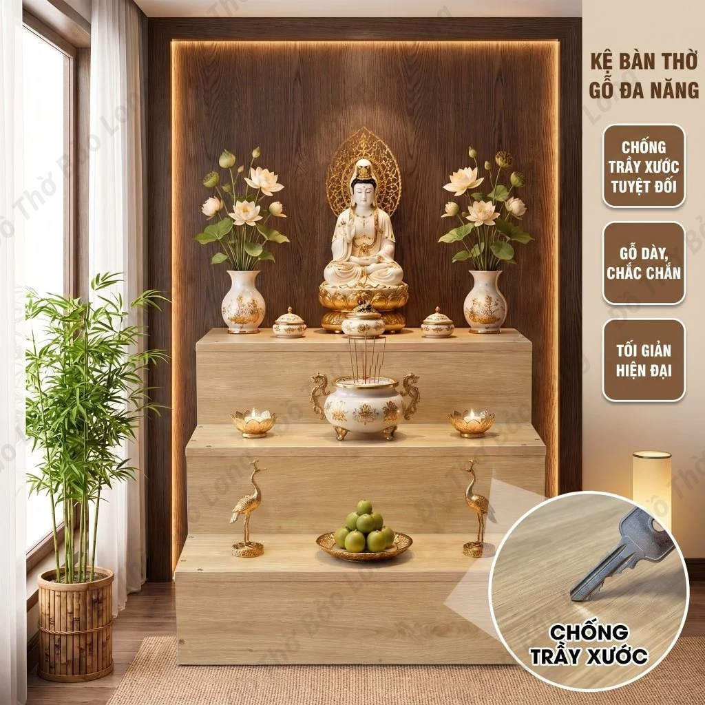 Bục gỗ tam cấp đôn tam cấp bàn thờ phật thờ gia tiên bàn thờ ông địa bàn thờ gỗ công nghiệp MDF bền 
