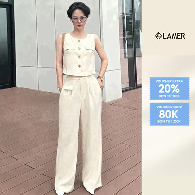 Áo Sát Nách LAMER Dáng Croptop Cổ Tròn Phối Quần Suông Dáng Rộng Cạp Cao V65D24H058, V64W24Q016