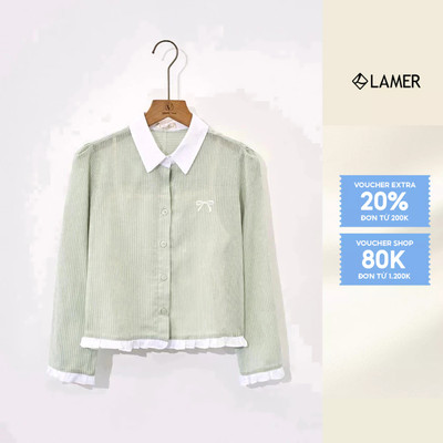 Áo Sơ Mi Nữ Kẻ Cổ Đức Áo Sơ Mi Croptop Dáng Suông Phối Bèo VIEN TRAN V61H25Q013