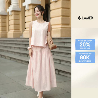 Áo Sát Nách Dáng Suông Phối Chân Váy Xoè Chun Eo Nhún Tầng VIEN TRAN V61B25H035 V62L25H013