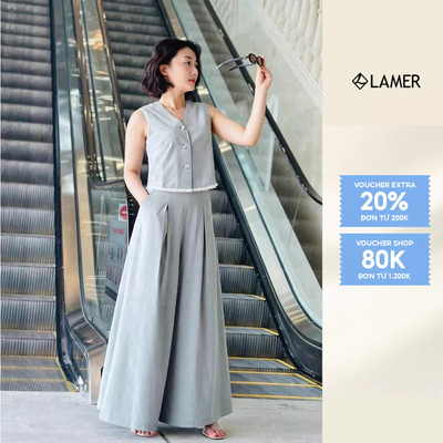 Áo Sát Nách Nữ Cổ Tim Phối Quần Suông Ống Rộng Khoá Sườn VIEN TRAN V65D25H037 V64W25H007